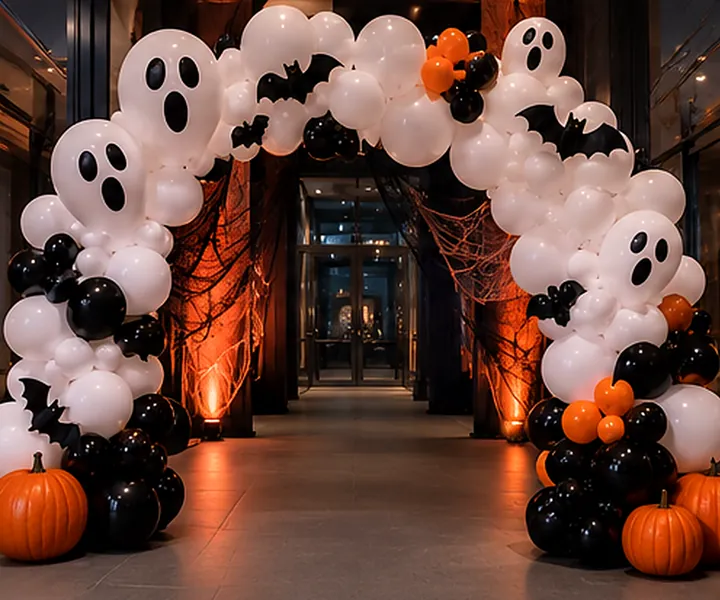 Design concept: white ghost-face balloon arch with black bats, orange accents and pumpkins in a lit corridor