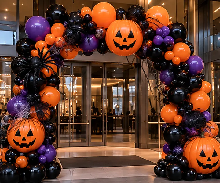 Design concept: black, orange and purple balloon arch with jack-o'-lantern balloons and spiders over a lobby entrance