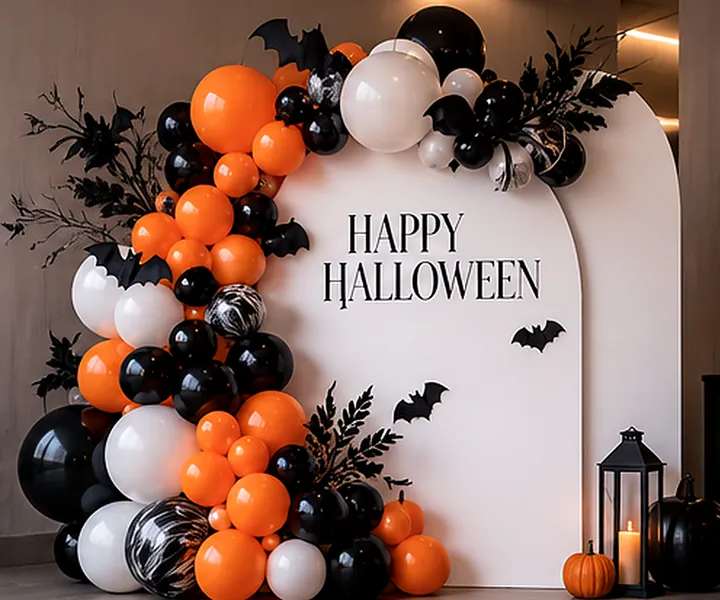 Design concept: 7 ft white arched board reading Happy Halloween, framed by orange, black and white balloon garland with bats and lanterns