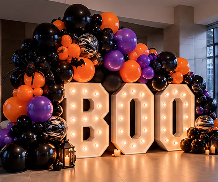Design concept: light-up BOO marquee letters under a black, orange and purple balloon garland with lanterns