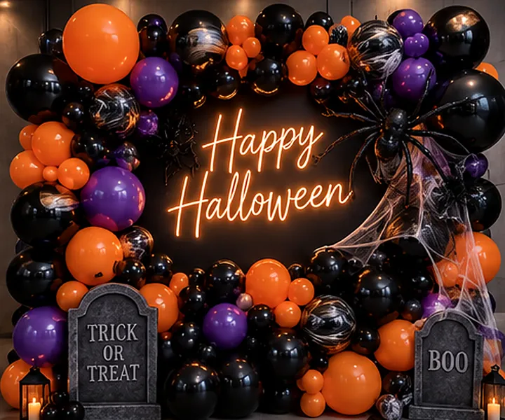 Design concept: black, orange and purple balloon wall around a Happy Halloween neon sign, with webbing and Trick or Treat and Boo tombstones