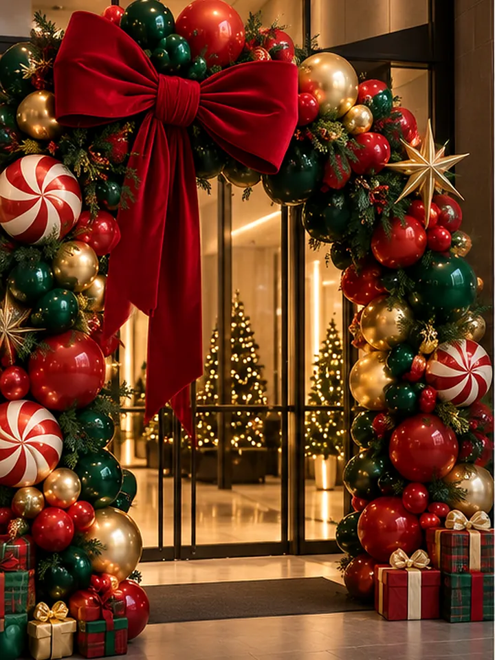 Design concept: red, green and gold balloon arch over a lobby entrance, with a large red velvet bow, peppermint swirls, gold stars, pine and wrapped gifts