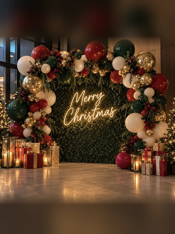 Design concept: red, green, ivory and gold balloon arch with artificial pine and berries, framing a greenery wall with a Merry Christmas neon sign, with lanterns, wrapped gifts and lit trees