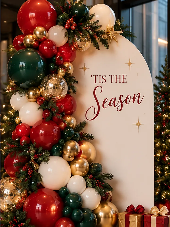 Design concept: ivory arched board reading 'Tis the Season with a half-arch of red, green, ivory and gold balloons, pine and berries, and wrapped gifts