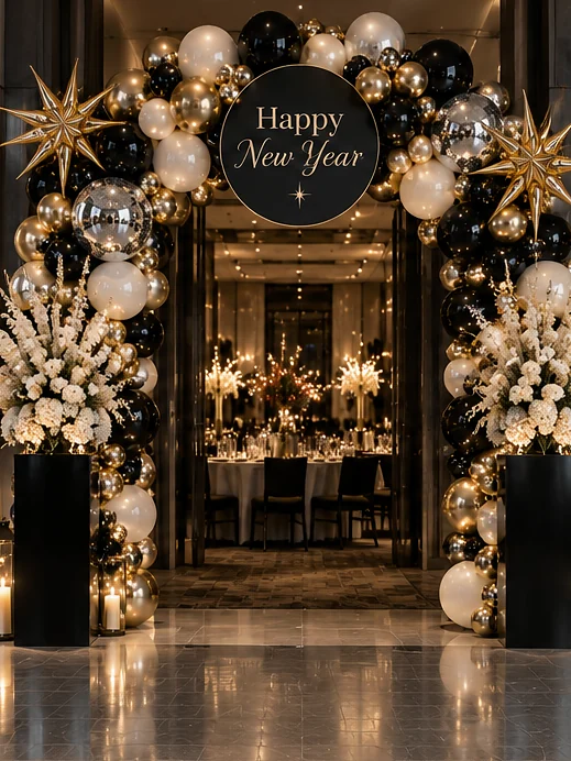 Design concept: black, gold, ivory and chrome balloon arch with gold starbursts and a round Happy New Year sign, flanked by tall ivory florals on black plinths