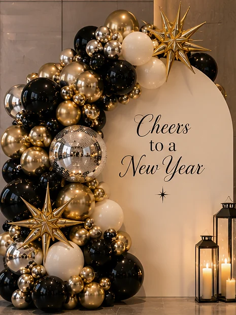 Design concept: ivory arched board reading Cheers to a New Year with a half-arch of black, gold, ivory and chrome balloons, gold starbursts, a mirror ball and candle lanterns