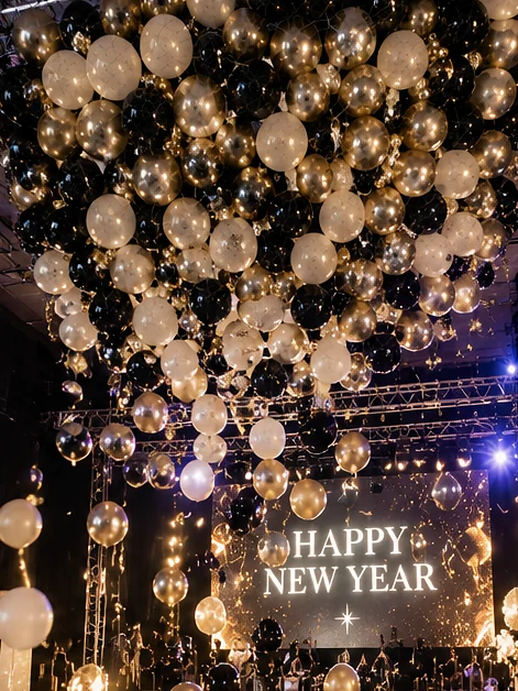 Design concept: a net of black, gold, ivory and chrome balloons releasing over a crowd in front of a Happy New Year stage screen